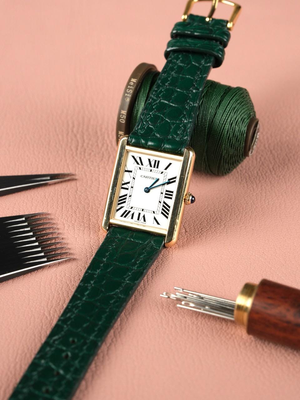 Bespoke Cartier Tank Leather Watch Strap – Handmade Matte Alligator Leather Strap