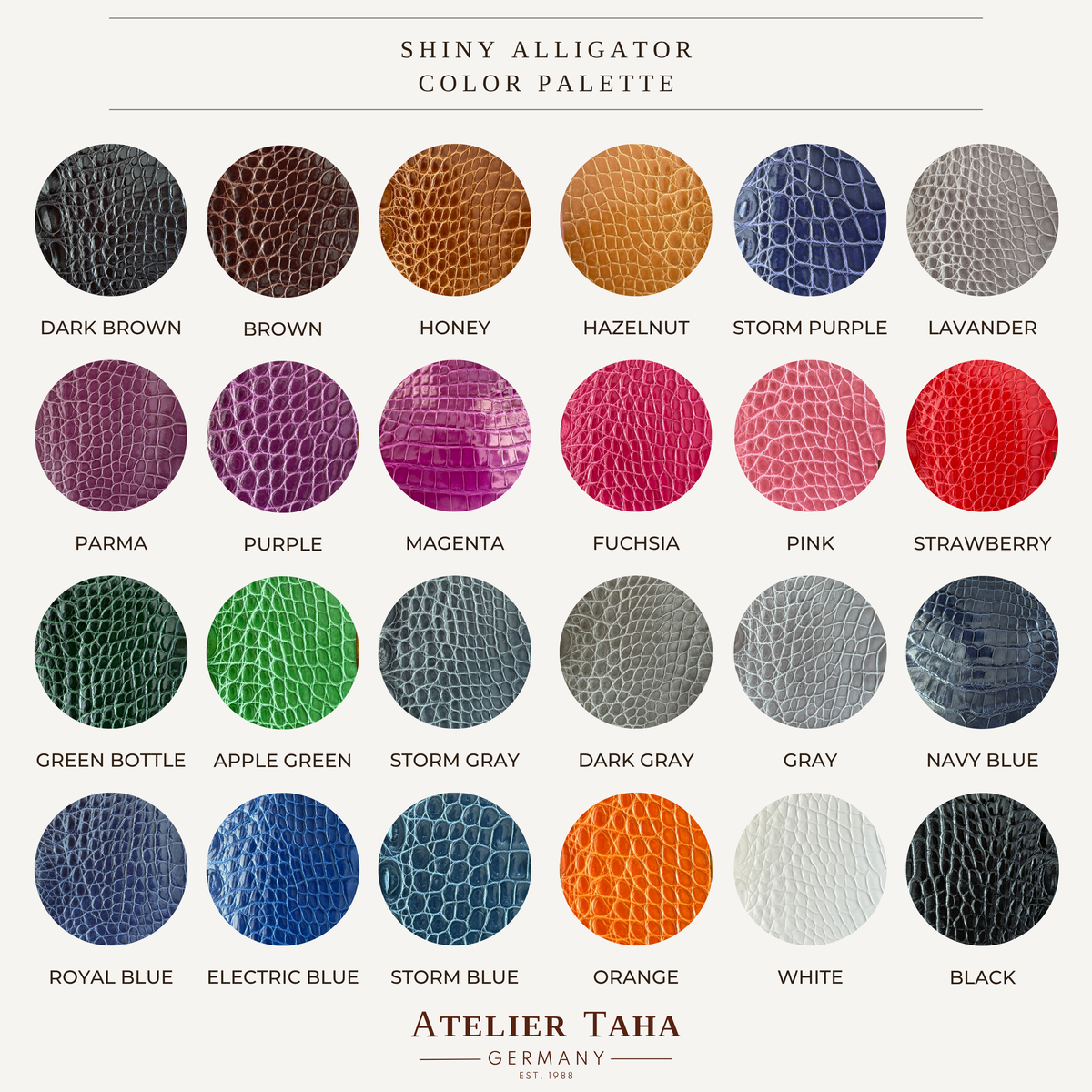 Shiny alligator leather colour palette from Atelier Taha