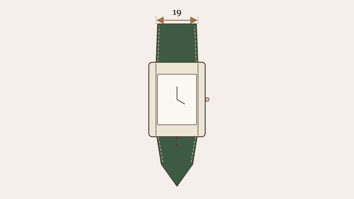 Drawing: a Cartier Tank on a green strap tapering from 19 mm at the lugs