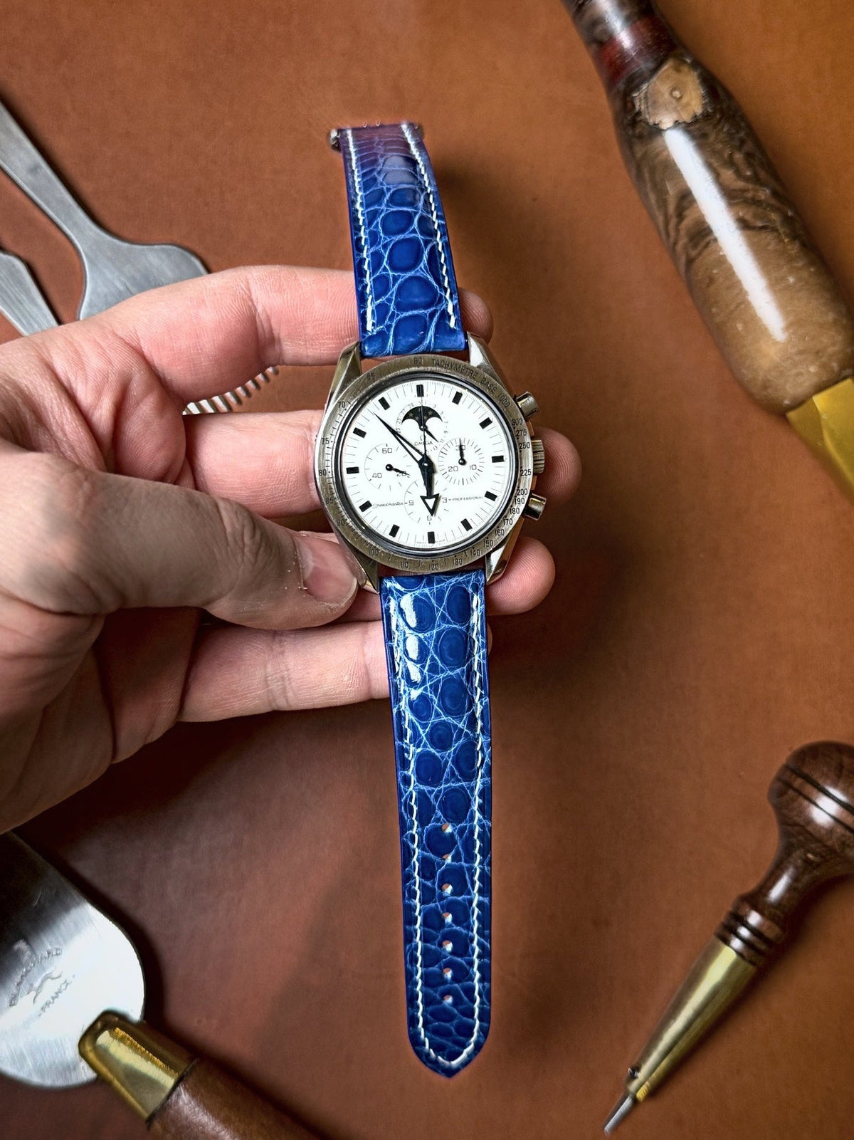 Shiny alligator leather strap for Omega Speedmaster & Seamaster – handmade by Atelier Taha