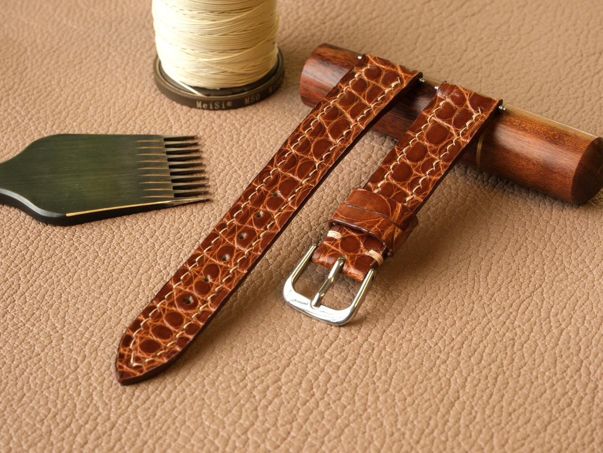 Bespoke Cartier Tank Leather Watch Strap - Handmade Shiny Alligator Leather Strap
