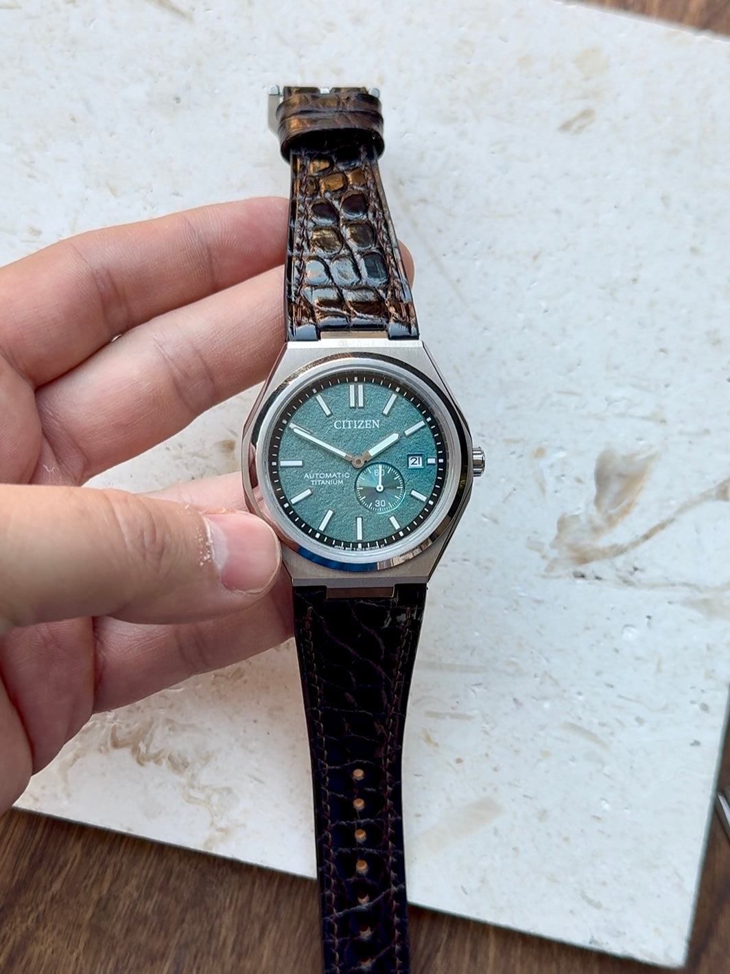 Shiny alligator leather strap for Citizen Zenshin – handmade by Atelier Taha
