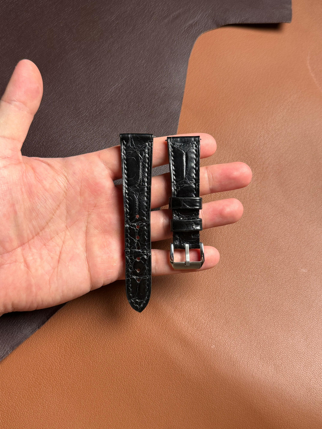 Bespoke Cartier Tank Leather Watch Strap - Handmade Large Grain Alligator Leather Strap
