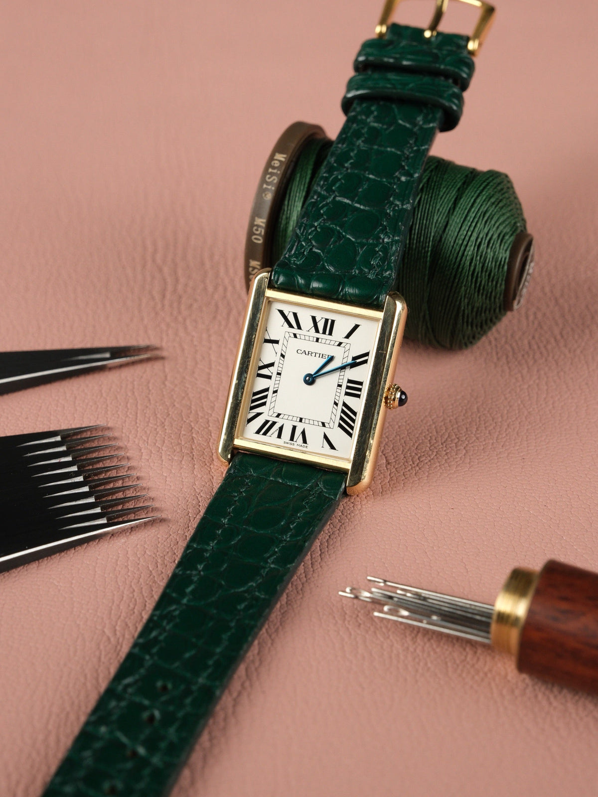 Cartier Tank on a green alligator leather strap, handmade by Atelier Taha