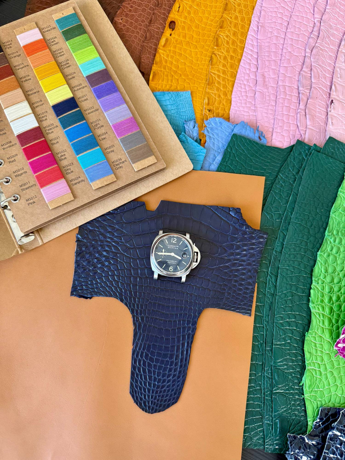 Choosing the leather and thread colour for a Panerai Luminor strap – navy alligator, Atelier Taha