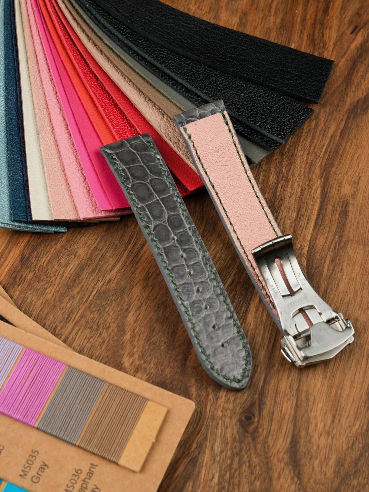 Grey alligator strap with pink goat lining, green stitching and deployant clasp – Atelier Taha