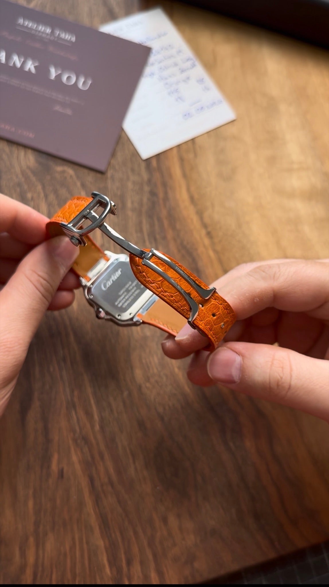 Ostrich leg leather strap for Cartier Santos WSSA – handmade by Atelier Taha