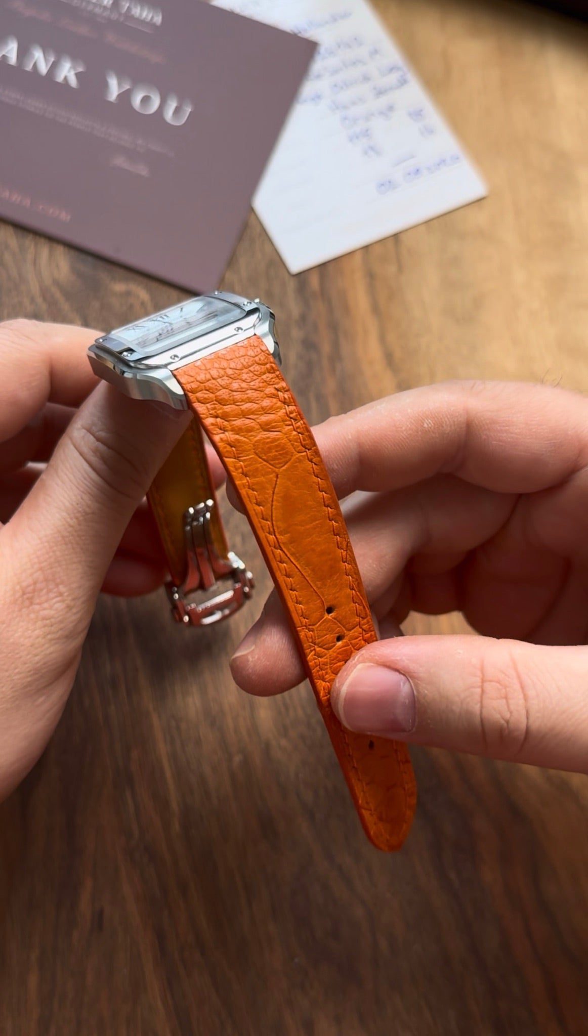 Ostrich leg leather strap for Cartier Santos WSSA – handmade by Atelier Taha