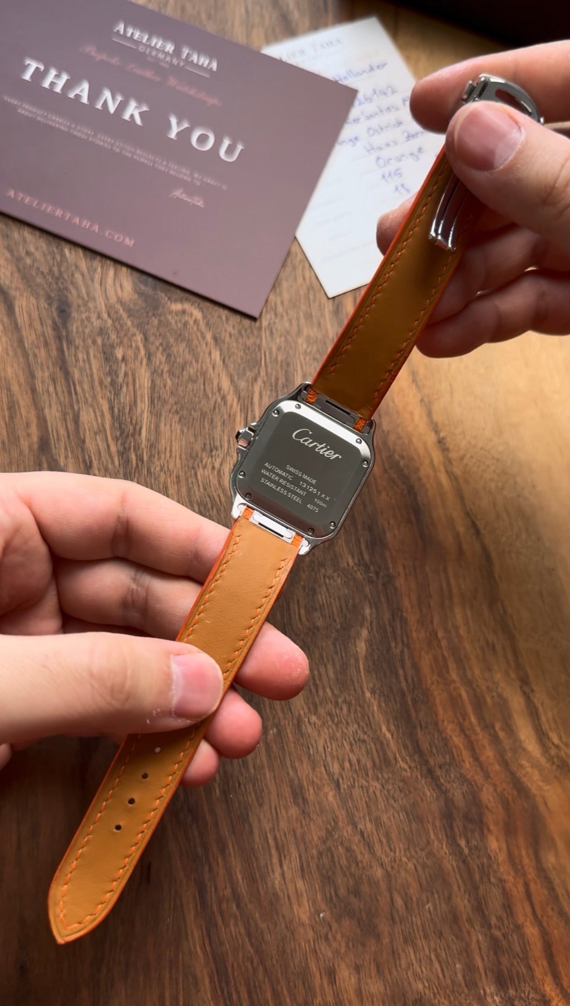 Ostrich leg leather strap for Cartier Santos WSSA – handmade by Atelier Taha