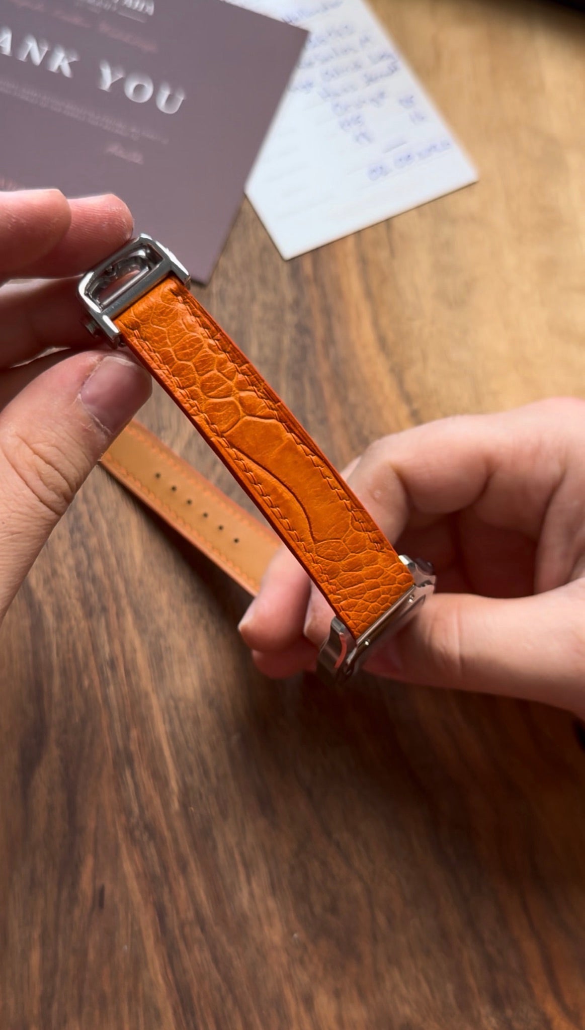 Ostrich leg leather strap for Cartier Santos WSSA – handmade by Atelier Taha