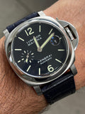 Panerai Luminor Marina on the wrist with a navy alligator strap – handmade by Atelier Taha